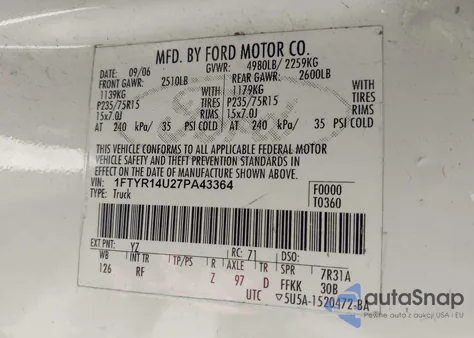 2007 Ford Ranger Sport/Stx/Xl/Xlt from USA, damaged, VIN 1FTYR14U27PA43364